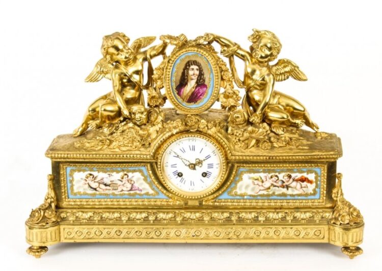 French gilt bronze mantel clock with Bleu Celeste porcelain panels » Artwork & Vintage Market