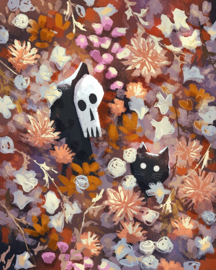Illustrator Creates The “Lifeless Cat” Portray Collection With Grim Reaper And Cat Sidekick Wandering By A Whimsical, Gentle‑spoken Afterlife