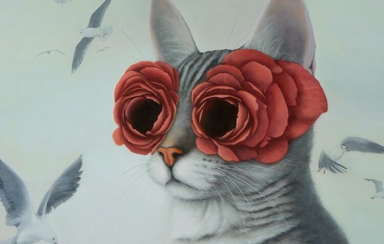 Caroline Gaudreault Creates Enigmatic Oil Work With Anthropomorphic Cats, Birds, And Women Draped In Rococo Element And Quiet Symbolism