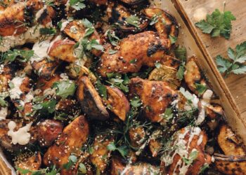 Sheet Pan Rooster with Japanese Candy Potatoes & Tahini Drizzle