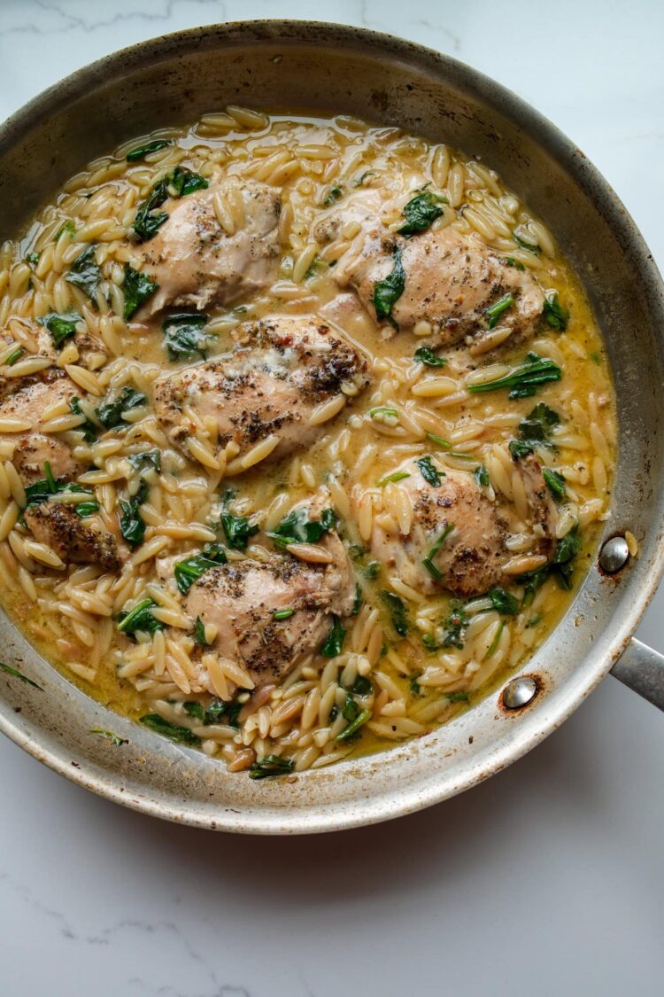 Skillet Lemon Garlic Hen and Orzo
