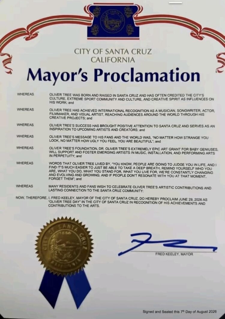 Santa Cruz Mayor Formally Proclaims “Oliver Tree Day” In Honor of Late Hometown Icon
