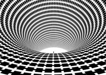 Artist Michael Strevens Hides a Tiny Human Determine Inside Each Geometric Abstraction to Flip Flat Patterns Into Infinite Worlds